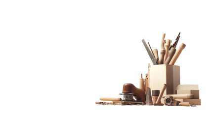 A collection of various stationery items including pens, pencils, and a ruler arranged neatly in a box on a white isolated background.