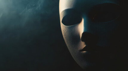 dark foggy cinematic shot of theatrical mask, evoking mystery and intrigue. mask features are highlighted against smoky background, creating dramatic atmosphere