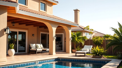 Fototapeta premium Luxury House with Pool and Landscaped Backyard: Modern Architectural Design