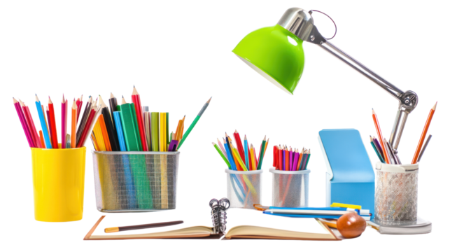 A colorful collection of art supplies including pencils, markers, and notebooks arranged on a desk with a stylish lamp for creative inspiration.