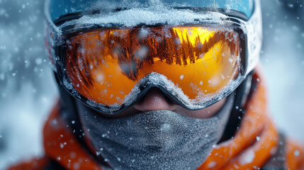 skier wearing snow covered goggles and warm scarf, surrounded by snowy landscape, exudes sense of adventure and thrill