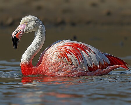 Andean flamingo swimming in shallow water, displaying vibrant red and white plumage.