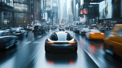 Obraz premium A concept of an autonomous hydrogen car navigating traffic using advanced lidar and AI systems, showcased in a bustling urban environment