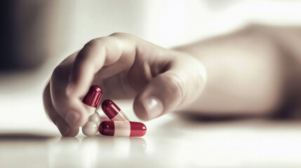 A child's hand gripping a collection of colored pills