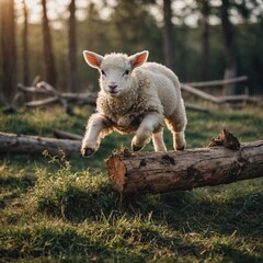 Obraz premium A playful lamb jumping over a small log.