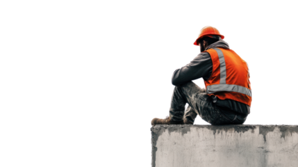 A construction worker in an orange safety vest sits pensively on a concrete wall, reflecting the solitude and challenges of the job.