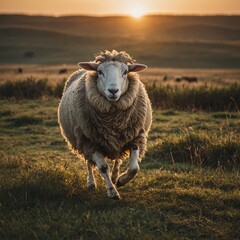Obraz premium A sheep running through a field at sunset.