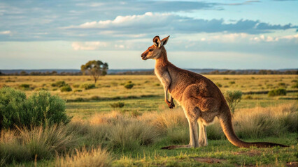 Fototapeta premium majestic kangaroo leaps through the golden Australian outback, showcasing its power and grace.