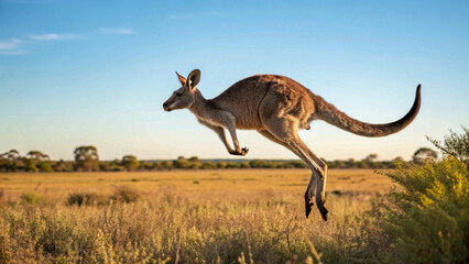 Captured mid-air, a red kangaroo bounces effortlessly across the sunlit grasslands of Australia."