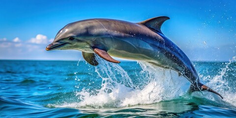 Obraz premium A bottlenose dolphin breaks the surface of the water with a burst of speed and agility on a sunny day in clear blue ocean, clear water, aquatic mammal