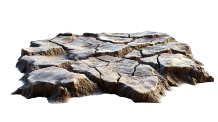 A cracked, dry earth surface exhibiting the effects of drought, showcasing uneven texture and arid conditions against a white isolate background.