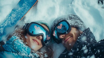 A whimsical portrait of a couple lying in the snow, their goggles reflecting tiny heart designs as snowflakes fall gently, their boards propped nearby