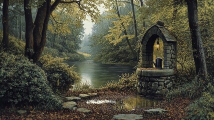 Forest landscape with water well with bucket, bushes, trees and lake. Fairytale scene with old stone well and lantern on river shore in woods, vector cartoon illustration