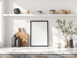 Modern living room frame mockup. Living room wall poster design. Interior mockup with house background. Modern interior design. 3D render.