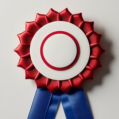 Red rosette badge with a blank white circular center and two blue ribbon tails, ideal for awards, certificates, or decorative purposes."