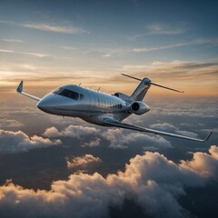 Obraz premium A private aircraft flying side-view at dawn, with the background clouds subtly blurred.