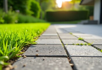 Eco-friendly concrete paving with gravel and lush grass for modern landscaping design