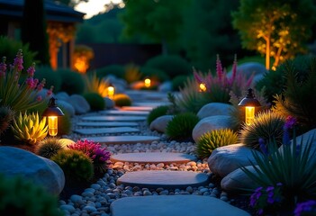 Twilight rockery garden with vibrant flowers and LED-lit stone formations highlighting the textures of the stones and the foliage