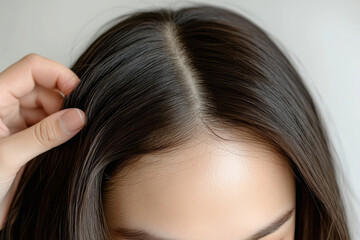 Naklejka premium close up of woman hair being touched, showcasing healthy, shiny strands and natural part. image conveys sense of care and attention to hair health