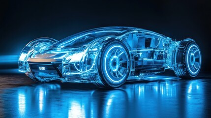 Fototapeta premium A cutting-edge hydrogen car prototype with transparent panels, glowing wheels, and a futuristic look