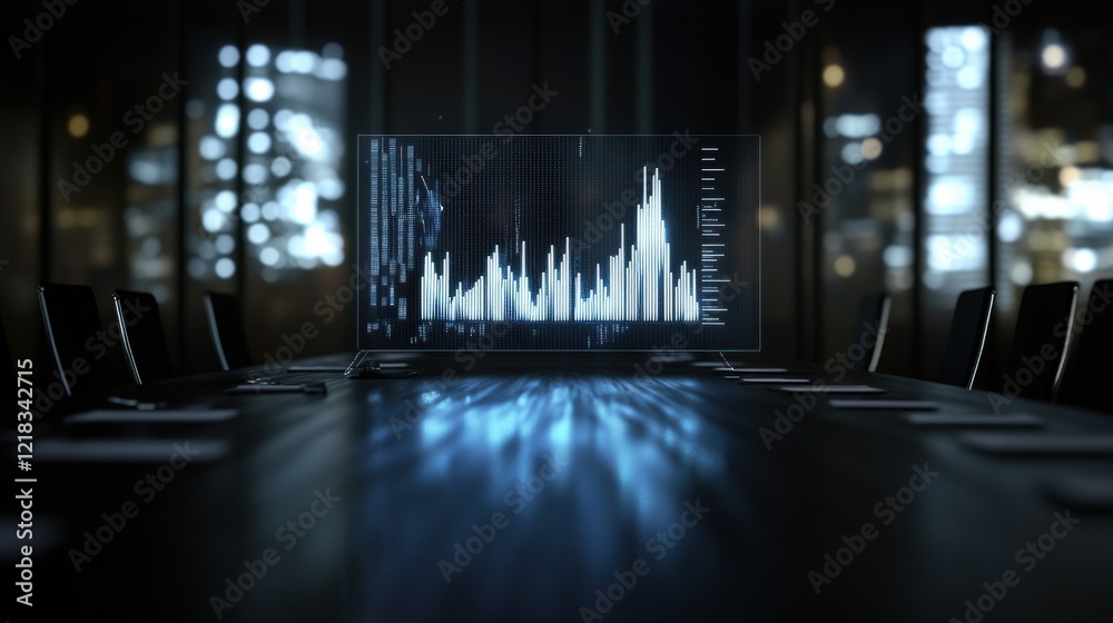 Poster Modern Conference Room with Digital Screen Displaying Data Analytics and City Skyline Reflections at Night, Symbolizing Business Strategy and Innovation