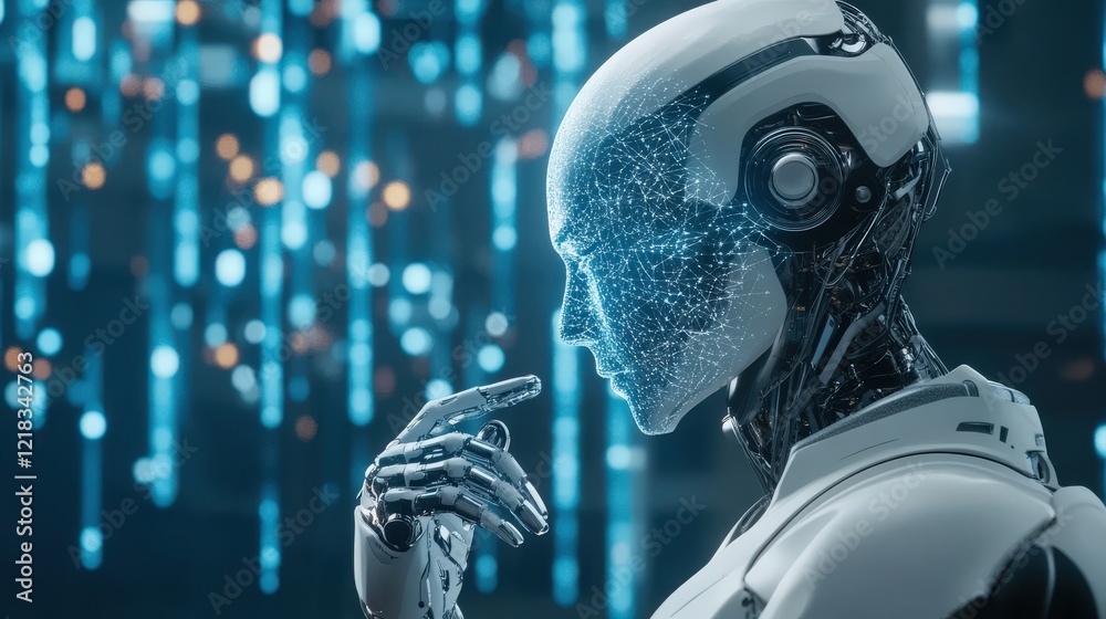 Aufkleber Futuristic humanoid robot in a digital landscape pondering artificial intelligence and technology advancements, showcasing intricate details and cybernetic features in a virtual environment.