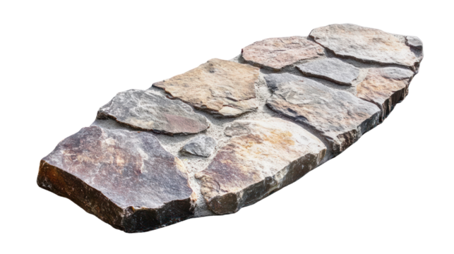 A flat stone slab with a rough texture, suitable for pathways, gardens, or landscaping, set against a white isolated background.
