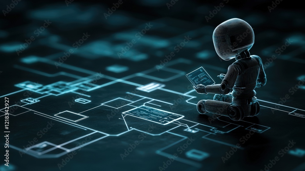 Aufkleber Futuristic Robot Sitting on Dark Surface, Analyzing Digital Data with a Computer Interface Surrounded by Geometric Patterns and Light Effects