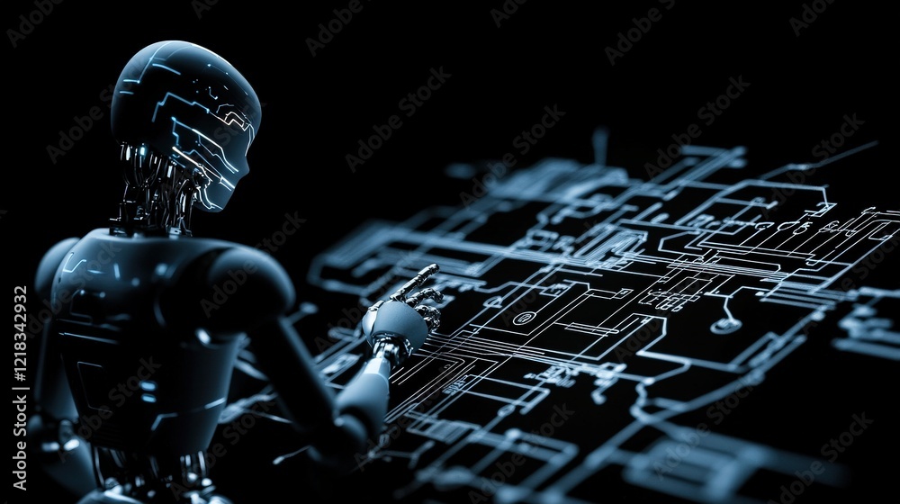 Leinwandbilder Futuristic Android Analyzing Complex Data Networks with Neon Circuit Patterns on Dark Background in a High-Tech Digital Environment