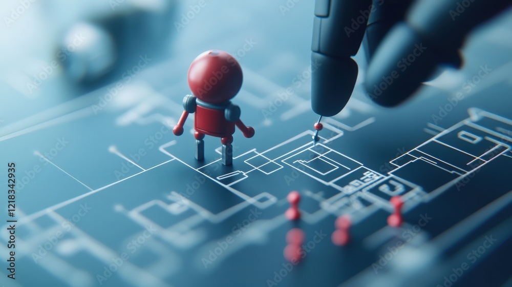 Aufkleber Tiny Red Figure Standing on Blueprint While Human-Like Hand Points at Design, Representing Engineering, Technology, and Innovative Ideas in Modern Planning