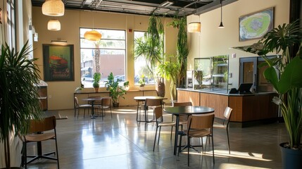 Sunlit Modern Cafe Interior with Lush Greenery
