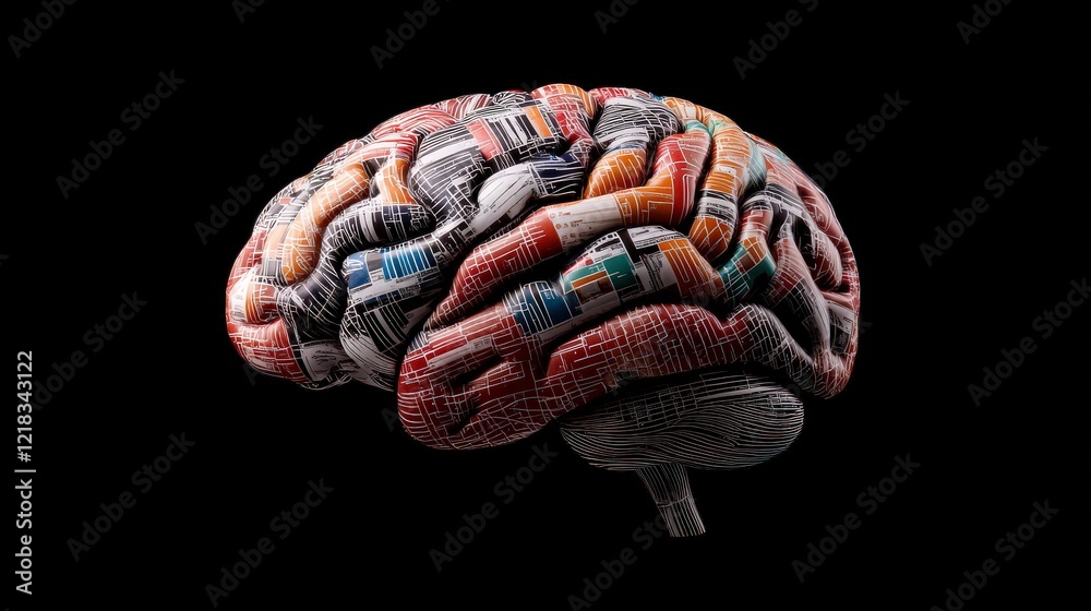 Poster Intricate Representation of the Human Brain Combining Technology and Nature with Colorful Patterns Against a Black Background for Abstract Concepts