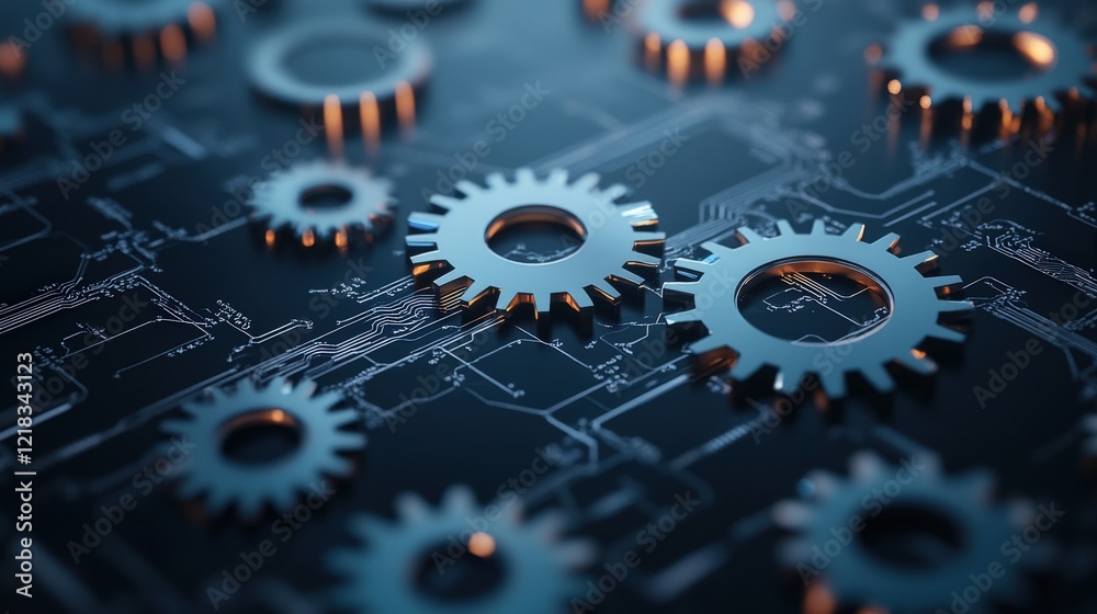 Aufkleber Intricate Network of Interconnected Cogs and Gears on a Dark Circuit Board Background, Symbolizing Technology, Innovation, and Mechanical Engineering Dynamics