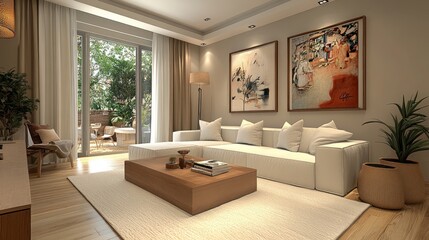 Fototapeta premium Stylish living room interior with modular white sofa, wooden furniture and personal decoration, AI generated image