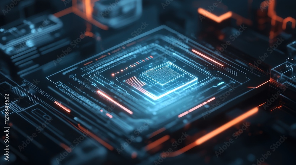 Leinwandbilder futuristic abstract digital technology concept featuring a microchip with blue and orange glowing el