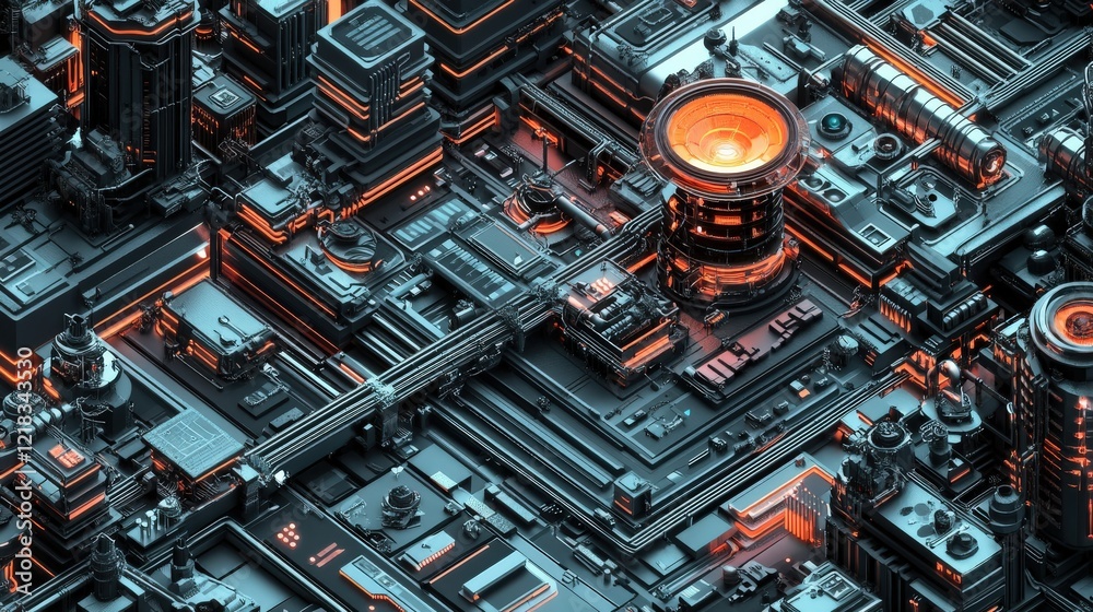 Poster abstract futuristic cityscape featuring intricate network of technology, glowing structures, and det