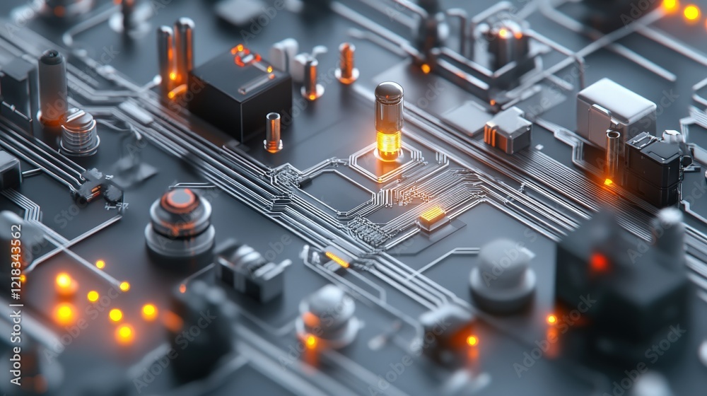 Poster Abstract Close-Up of Modern Circuit Board with Glowing Components, Illustrating Advanced Technology and Electronic Connections in a High-Tech Environment