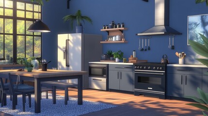 Obraz premium Kitchen room interior with dining table in house cartoon vector background. Modern fridge, stove, sink and stove inside apartment. Gray cooking appliance and blue wall decoration panorama design