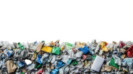 A large pile of mixed recyclable materials, including plastic and paper waste, highlighting environmental concerns and recycling efforts.