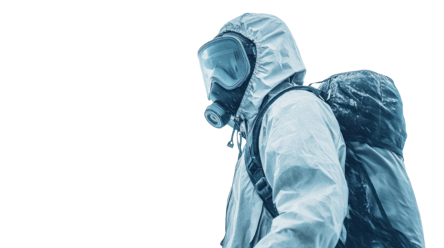 A man in a protective hazmat suit and respirator, ready for hazardous environment, side profile, white isolated background.