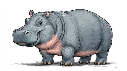 Obraz premium Cartoon illustration of a happy hippopotamus standing on a white background.