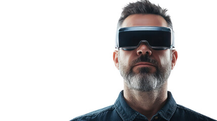 Fototapeta premium A man wearing modern virtual reality goggles, immersed in digital experiences with a focused expression, on a white isolated background.