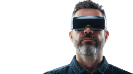 A man wearing modern virtual reality goggles, immersed in digital experiences with a focused expression, on a white isolated background.