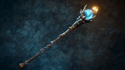 Fototapeta premium Fantasy scepter made of wood with magic ball, animal skull and glowing neon decorative elements. Cartoon vector illustration set of game wizard and magician weapon with crystal. Sorcerer power stuff.