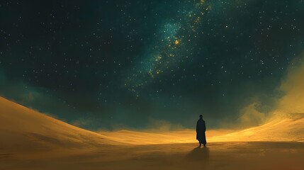 Fototapeta premium solitary figure in desert under starry sky