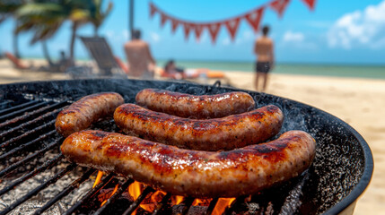 Juicy sausages sizzling on a grill with a beach background, creating a vibrant outdoor barbecue scene.
