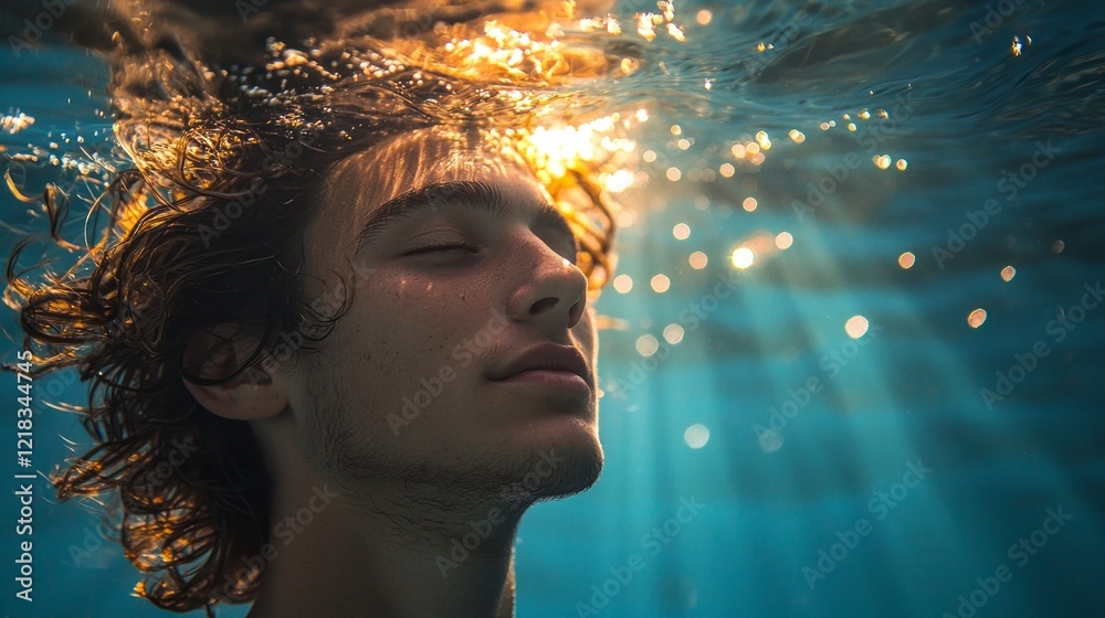 Poster a young man floats serenely underwater, eyes closed and expression peaceful. sunlight filters throug