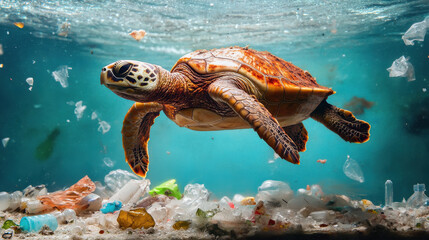 Obraz premium plastic pollution on marine life, with a distressed turtle swimming among debris