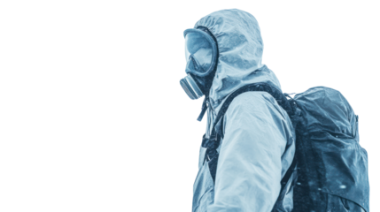 A person wearing a protective suit and gas mask, ready for hazardous environments, emphasizing safety in challenging situations.