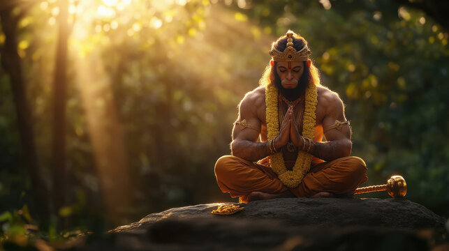 Lord Hanuman sitting in deep meditation, dressed in his traditional attire with a golden mace beside him, is seated on a large rock in a tranquil forest